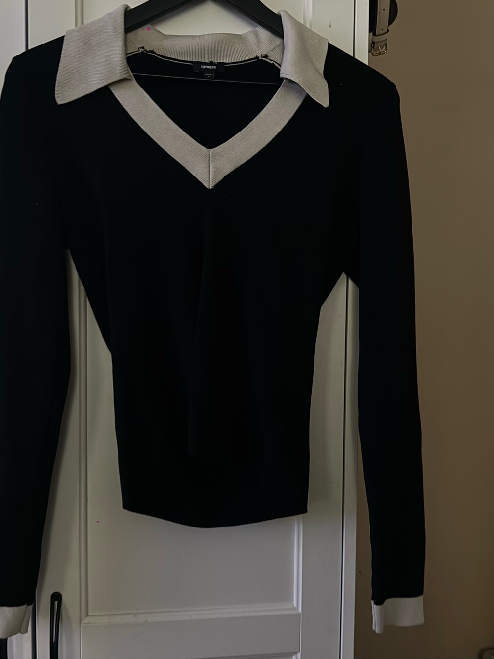 Express Black Long Sleeve V-Neck Top with White Collar